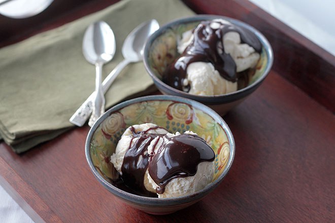 Ice cream with Hot Fudge Sauce made from a recipe in Big Gay Ice Cream by Bryan Petroff and Douglas Quint (Clarkson Potter/Publishers).
