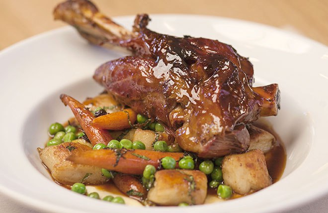 Lamb Shank with Parsnip Purée and Spring Vegetables.