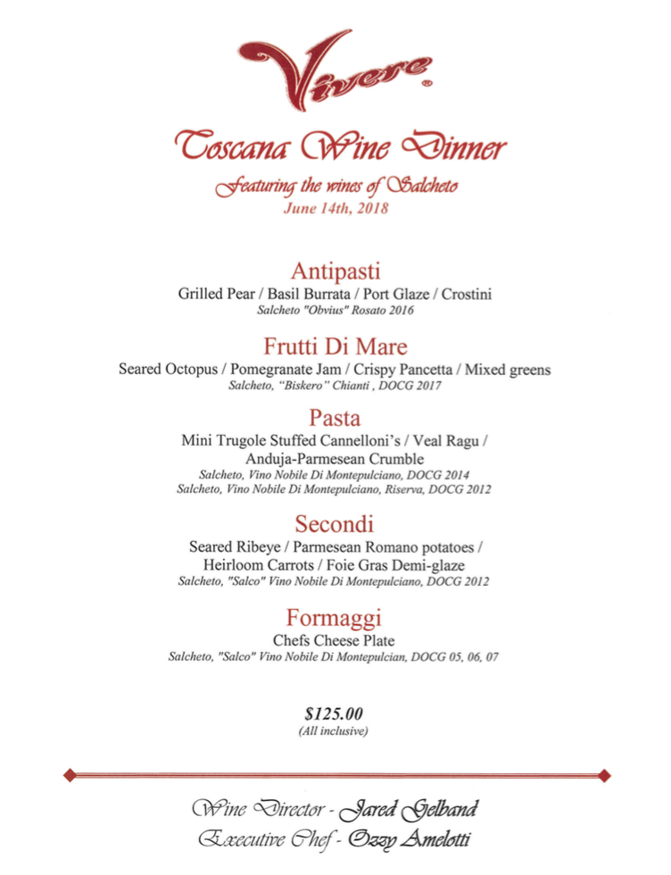 Toscana Wine Dinner Menu