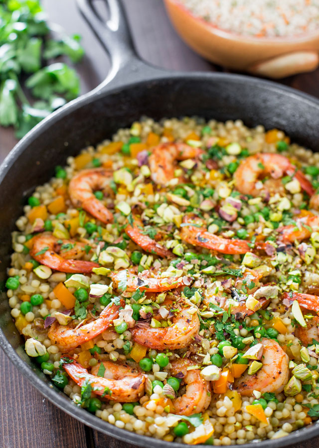 One Pot Couscous with Shrimp and Peas
