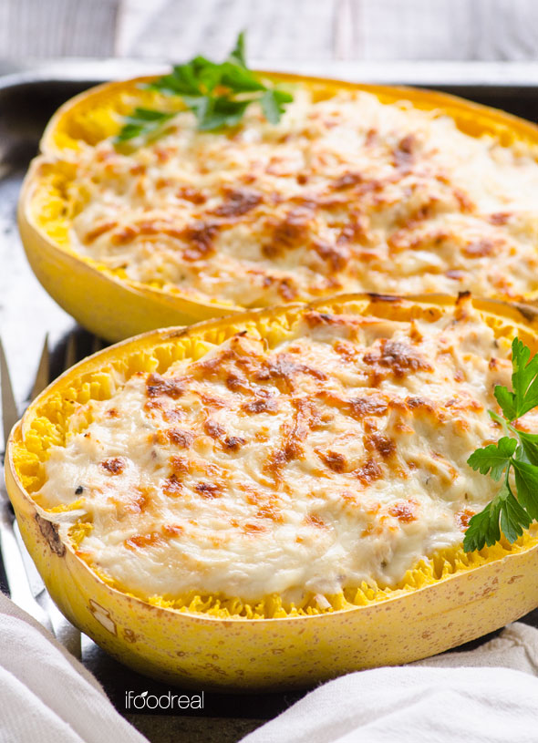 Greek Yogurt Chicken Alfredo Spaghetti Squash Boats
