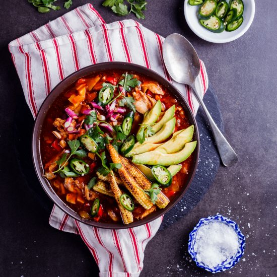 Mexican chicken soup with charred baby corn