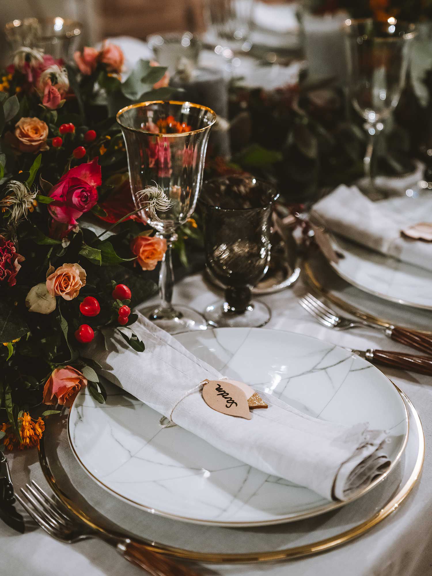 Create a tablescape, and let guests serve themselves from a buffet.