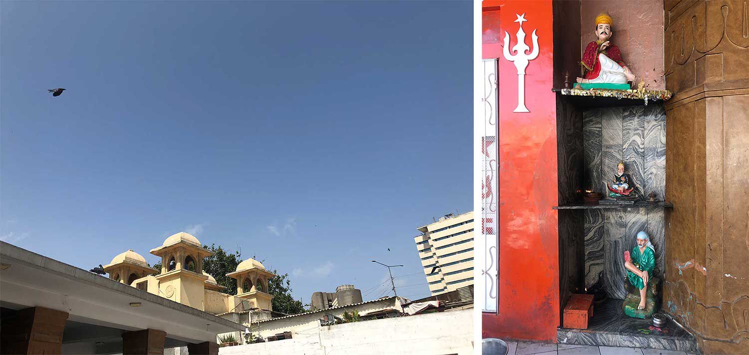 <strong>Left:</strong> Sri Laxmi Narayan temple in the summer. <strong>Right:</strong> Statues placed in a nook at the Sri Laxmi Narayan temple, including one of the saint Sai Baba