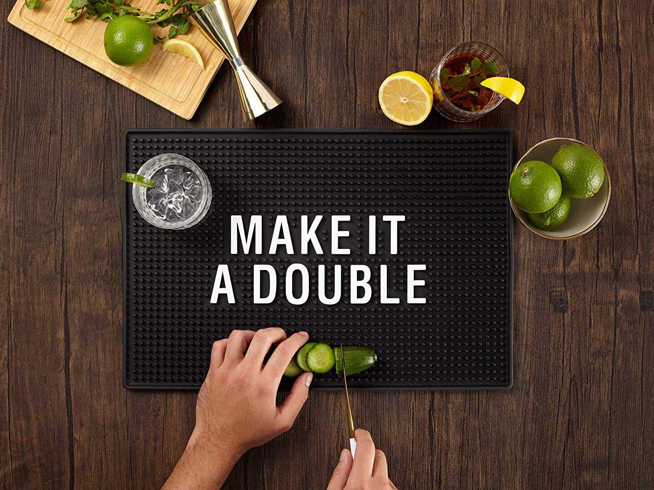 A decorative home bar mat for the design-minded.