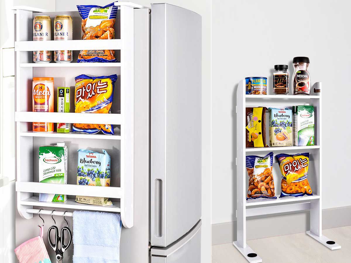This shelving unit hangs over the side of your fridge to give you some much-needed extra pantry space.