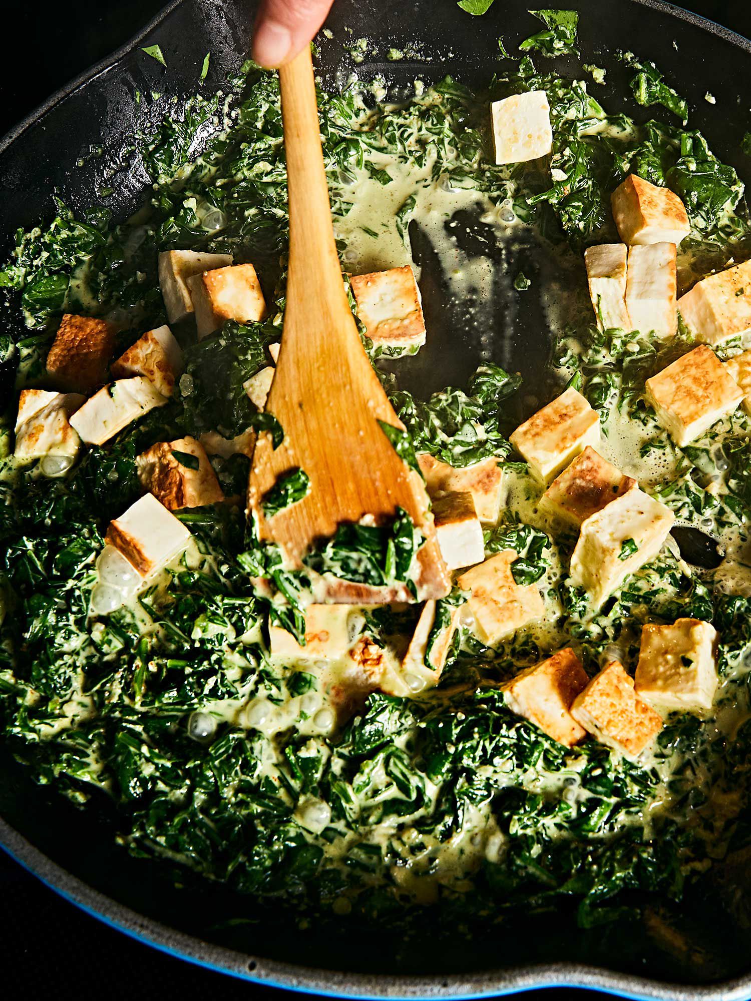 Spiced with garam masala and cayenne, creamy spinach is an excellent pair for seared paneer.