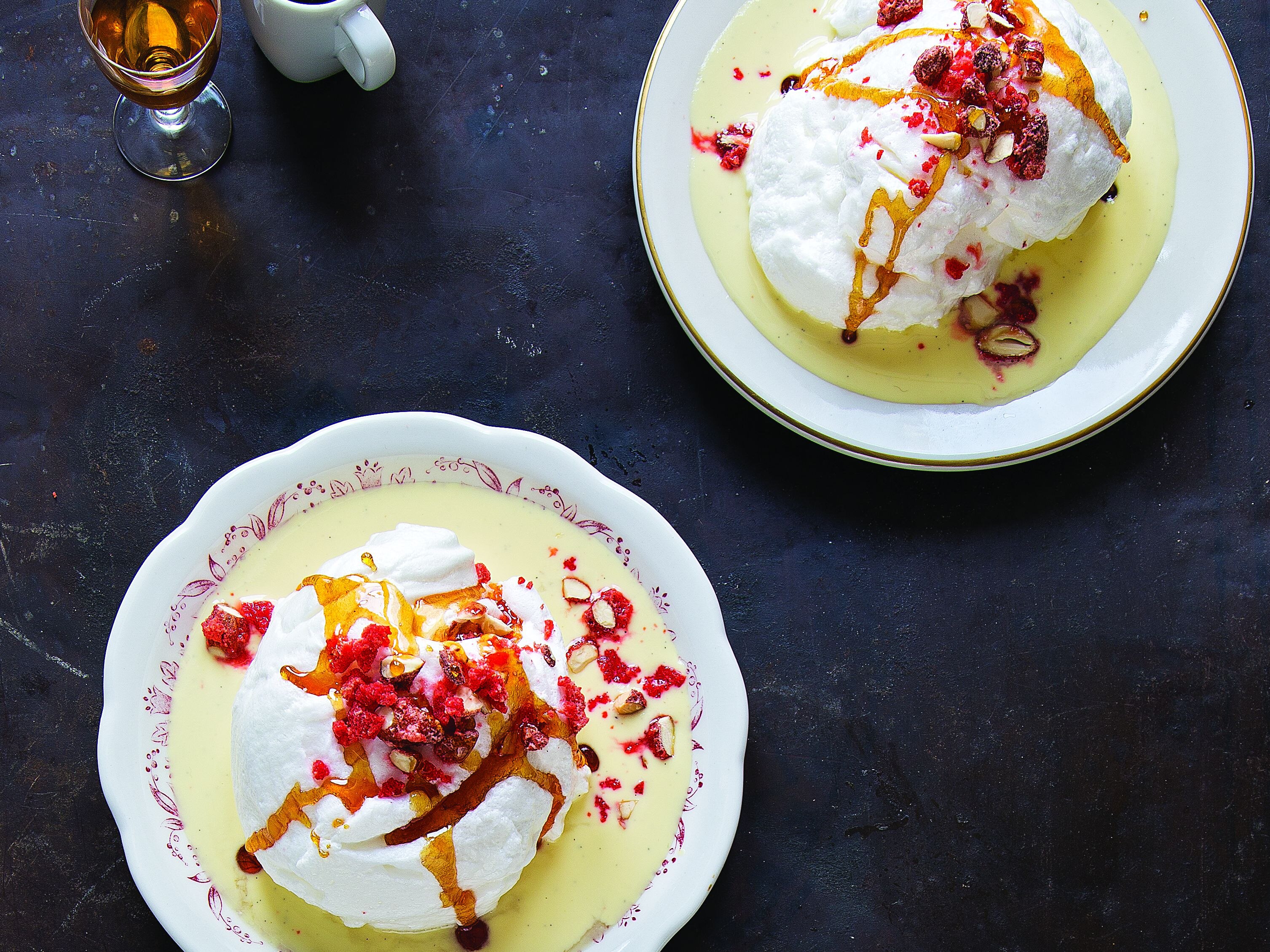 Sprinkled on top of these delicate meringues—which float in a vanilla custard—are praline roses, caramel-coated almonds dyed a bright pink. The color's a bit shocking, but they're a staple of Lyonnaise pâtisseries and lend a nice crunch and color to this white-on-white backdrop. Get the recipe for <a href="https://www.saveur.com/meringue-creme-anglaise-recipe">Meringue Floating in Crème Anglaise</a>