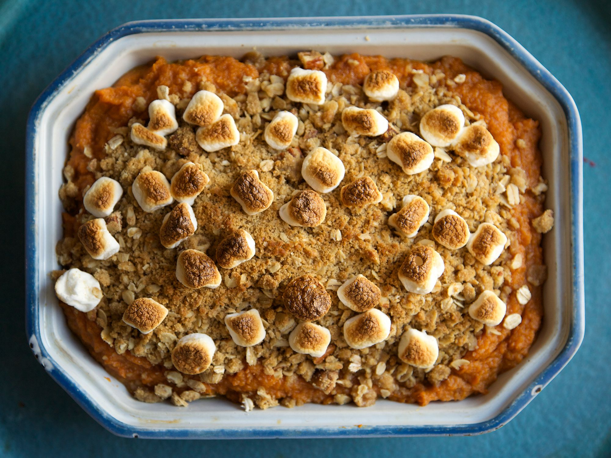 This sweet potato casserole is an especially festive, over-the-top take on the Thanksgiving classic, topped with a crisp pecan crumble and dotted with marshmallows. <a href="https://www.saveur.com/sweet-potato-casserole-with-pecan-crumble-recipe">Get the recipe for Sweet Potato Casserole with Pecan Crumble</a>