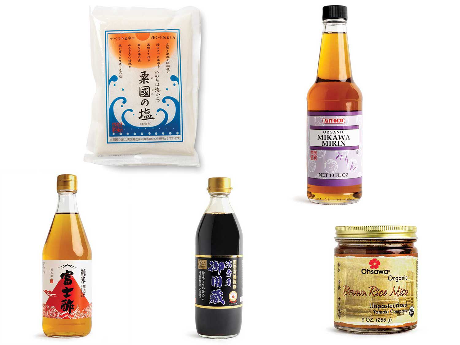 Clockwise from top left: Aguni-jima Salt; Mitoku Mikawa Mirin; Iio Jozo Rice Vinegar; Yamaki Jozo Organic Soy Sauce; Ohsawa Yamaki Organic Brown Rice Miso.