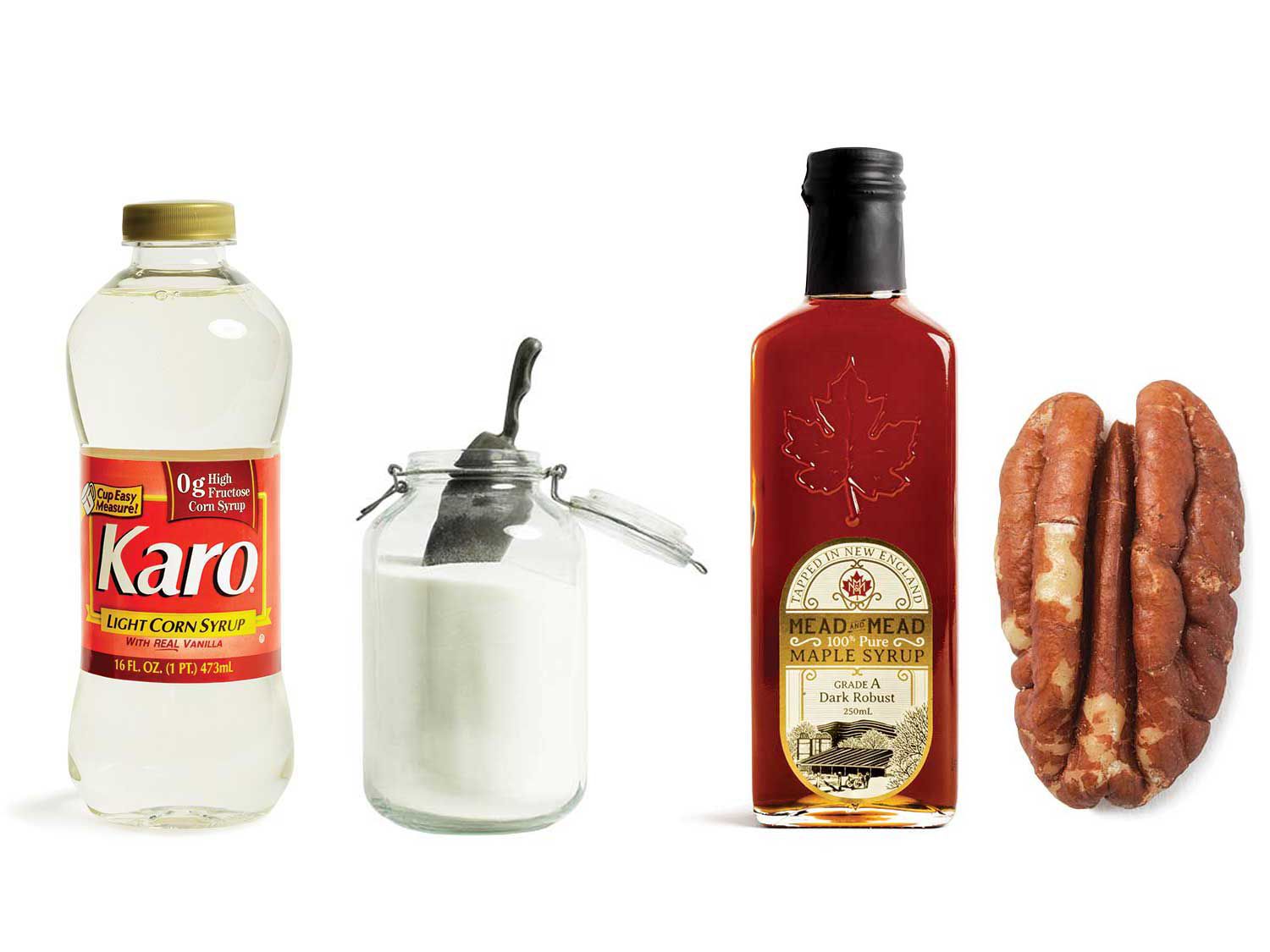 2 Tbsp. corn syrup + 2 Tbsp. sugar + 2 Tbsp. maple syrup + 2 1/4 cup pecans.