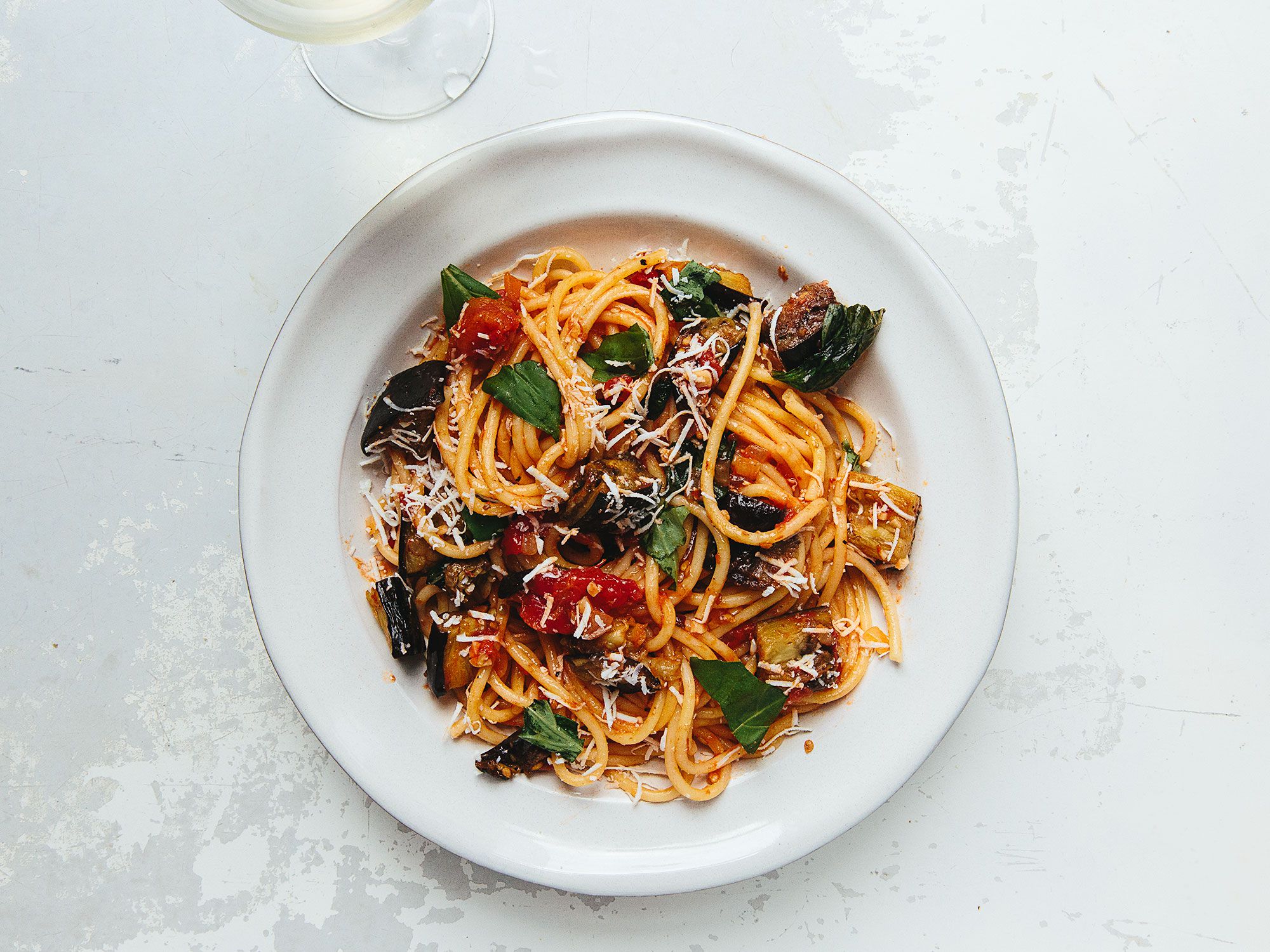 This simple pasta dish is made with tomatoes and eggplant. Get the recipe for <a href="https://www.saveur.com/article/Recipes/Saveur-100-2011-Pasta-Alla-Norma-Pasta-with-Tomato-Sauce-and-Eggplant/">Pasta Alla Norma (Pasta with Tomato Sauce and Eggplant)</a>