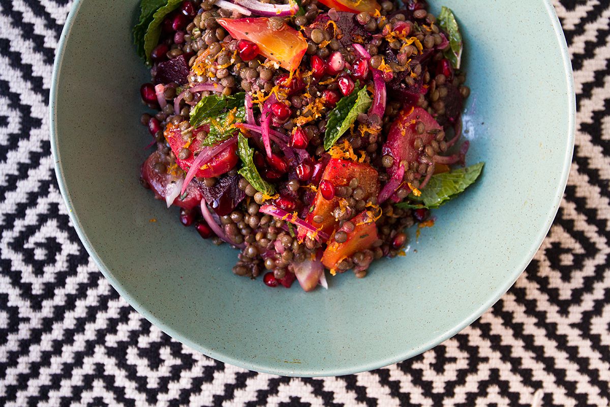 Packed full of glowing winter produce—sweet roasted beets, tart pomegranate seeds—this lentil salad makes a colorful addition to the winter table. Get the recipe for <a href="https://www.saveur.com/article/recipes/lentil-salad-with-beets-and-pomegranate/">Lentil Salad with Beets and Pomegranate</a>