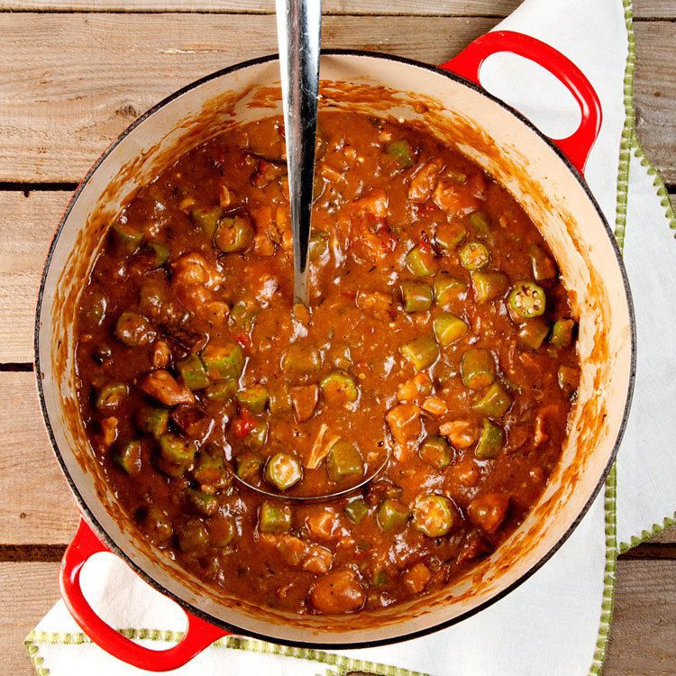 During cooking, okra exudes a thick liquid that gives this hearty Cajun stew a sumptuous, silky texture; a little filé powder, made from dried sassafras leaves, further thickens and enriches it. But the backbone of this gumbo, and the source of its smoky flavor, is the roux made by toasting flour in hot oil until it is a deep red-brown. Get the recipe for <a href="http://www.saveur.com/article/Recipes/Classic-Chicken-Sausage-Gumbo">Chicken and Sausage Gumbo</a>
