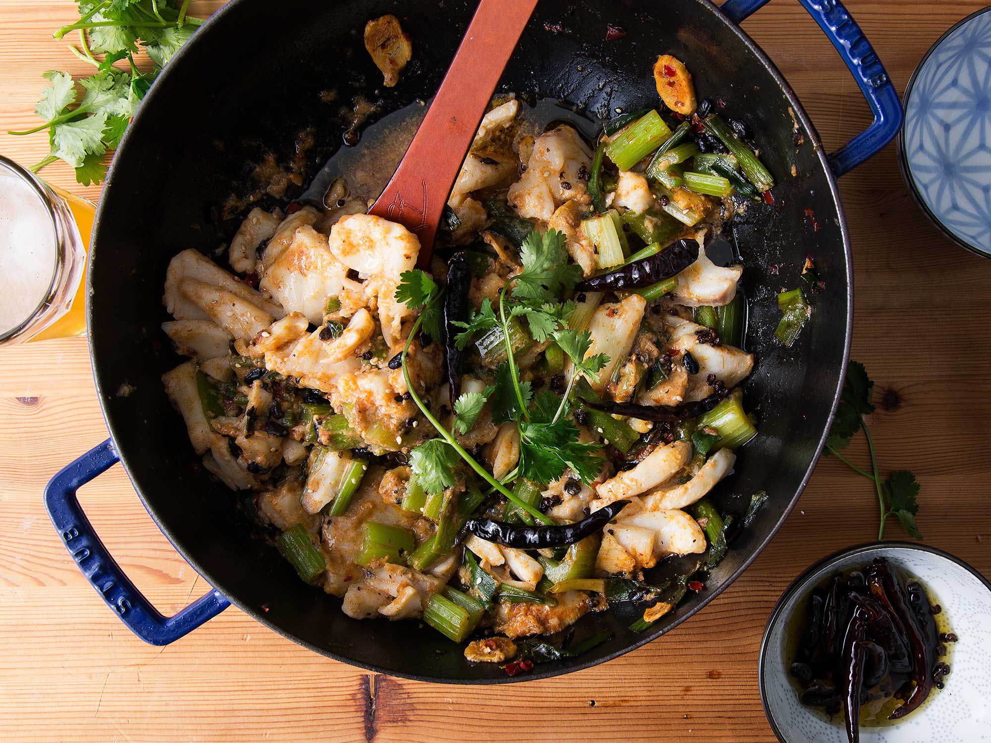 Give mild fish a serious lick of heat with homemade chile oil and fermented black soy beans. You can serve the fish and vegetables with just a little broth, as shown here, or as a soup. Get the recipe for <a href="http://www.saveur.com/spicy-sichuan-fish-recipe">Spicy Sichuan "Water Boiled" Fish and Celery</a>