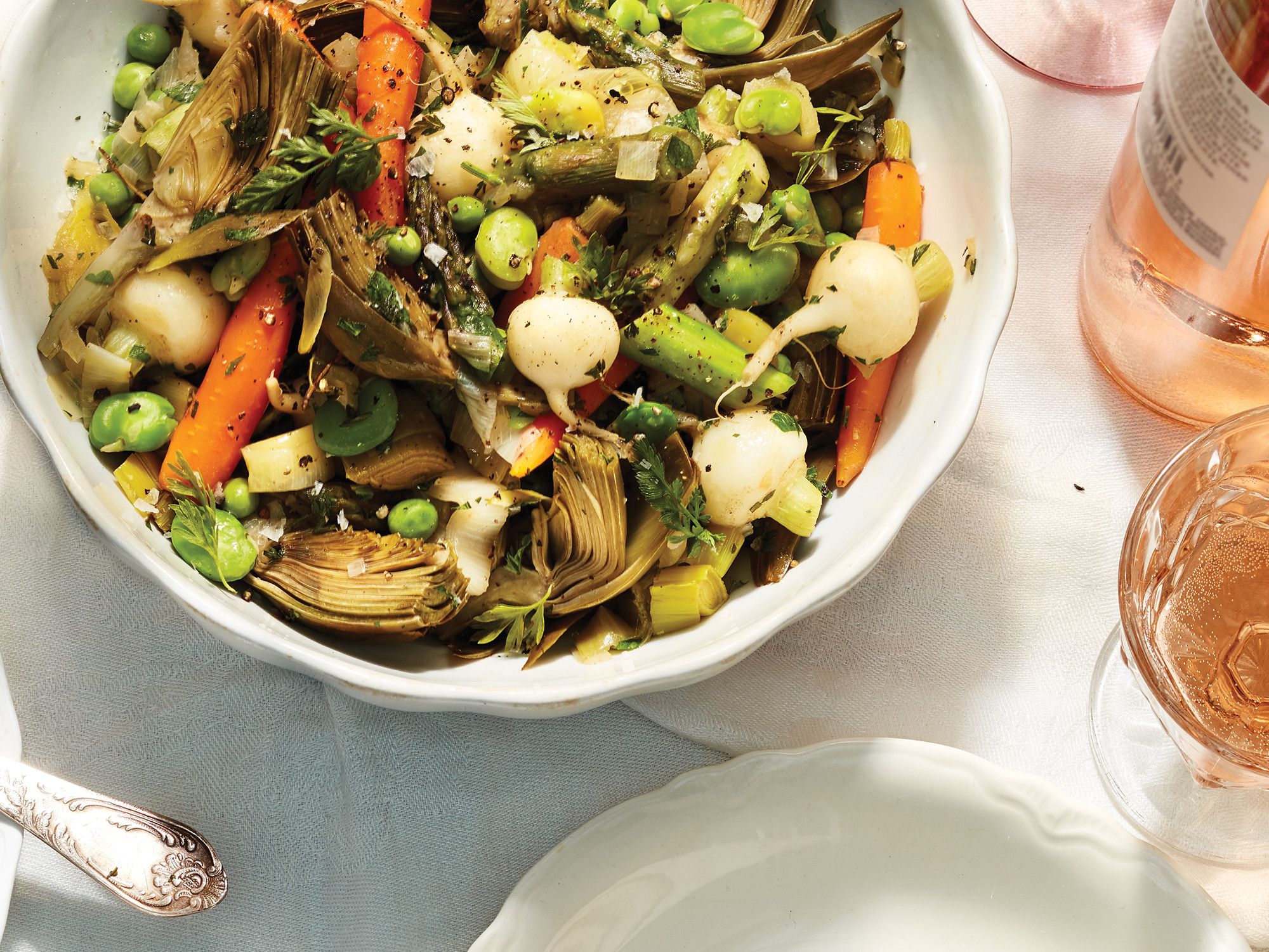 Any gently simmered mixture of vegetables is truly greater than the sum of its parts. It's important to cut the ingredients to the proper size and cook them sequentially, starting with the ones that need longer cooking. Get the recipe for <a href="http://www.saveur.com/french-spring-vegetable-stew-recipe">Spring Vegetable Stew</a>
