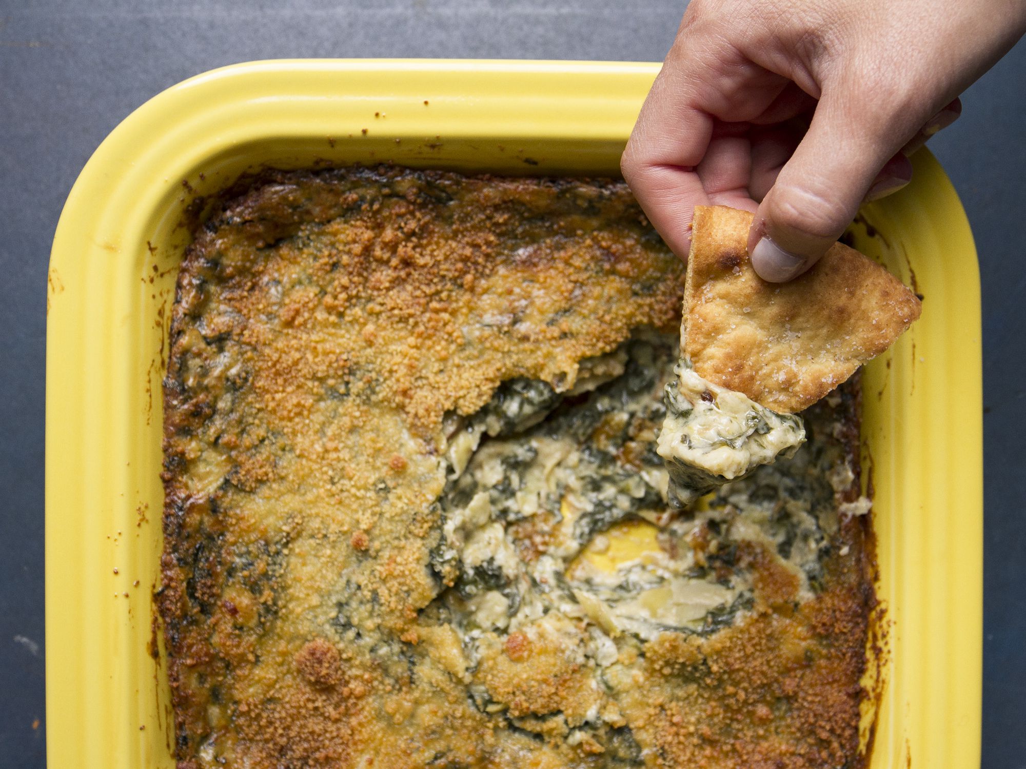 For this hearty dip, we found that frozen artichoke hearts held up better than jarred ones. Get the recipe for <a href="https://www.saveur.com/article/Recipes/Spinach-and-Artichoke-Dip/">Spinach-and-Artichoke Dip</a>