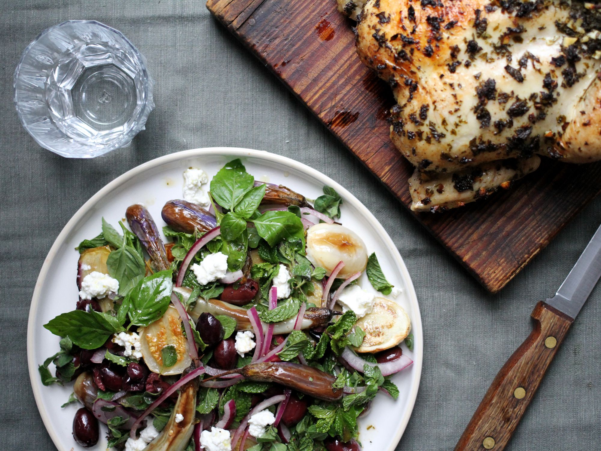 Brighten up any day with this simple roast chicken and fresh eggplant and herb salad. Get the recipe for <a href="https://www.saveur.com/simple-roast-chicken-eggplant-salad-recipe/">Rainy Day Chicken with Eggplant Salad</a>