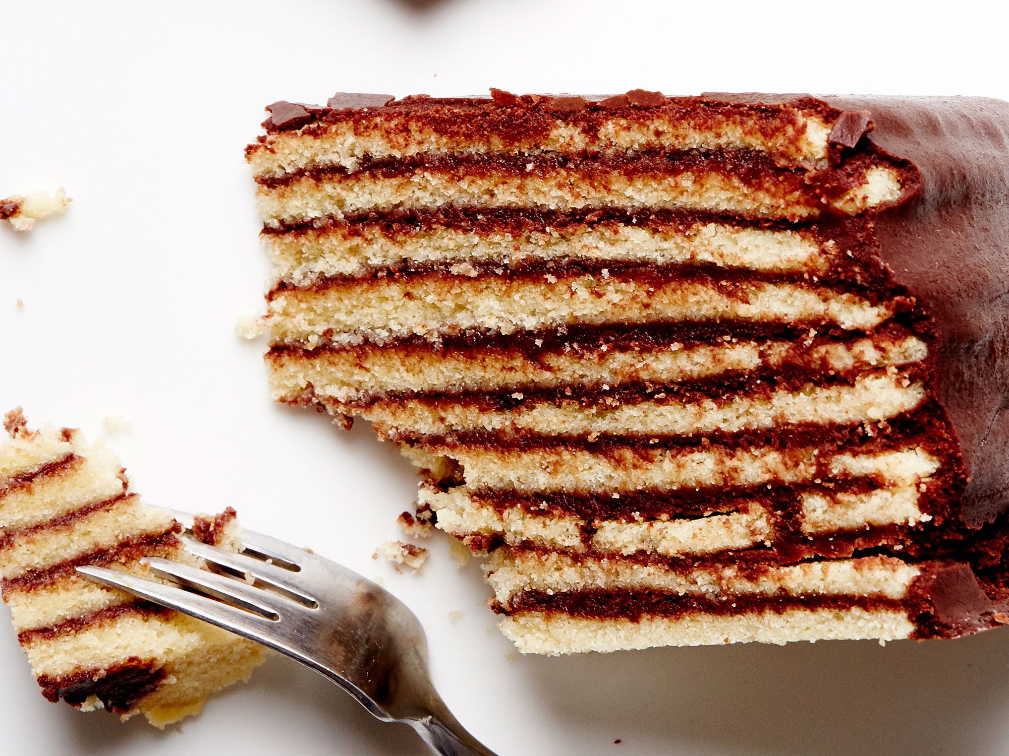 This impressive layer cake consists of 10 thin cake layers sandwiches with an old-fashioned chocolate fudge icing. Get the recipe for <a href="http://www.saveur.com/smith-island-cake-recipe">Classic Smith Island Cake</a>