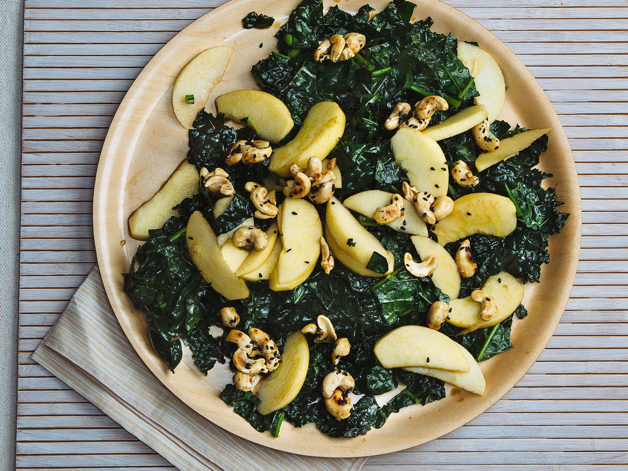 Crunchy cashews coated with maple syrup and sesame seeds, and a boldly piquant dressing of Shanxi vinegar, add texture and verve to the classic kale salad from chef Cara Stadler of Tao Yuan in Brunswick, Maine. This vinaigrette is sharper than most, so if you prefer less acidity, add up to 1/4 cup more vegetable oil. Get the recipe for <a href="https://www.saveur.com/apple-and-kale-salad-with-black-sesame-maple-cashews-recipe/">Apple and Kale Salad with Black-Sesame–Maple Cashews</a>