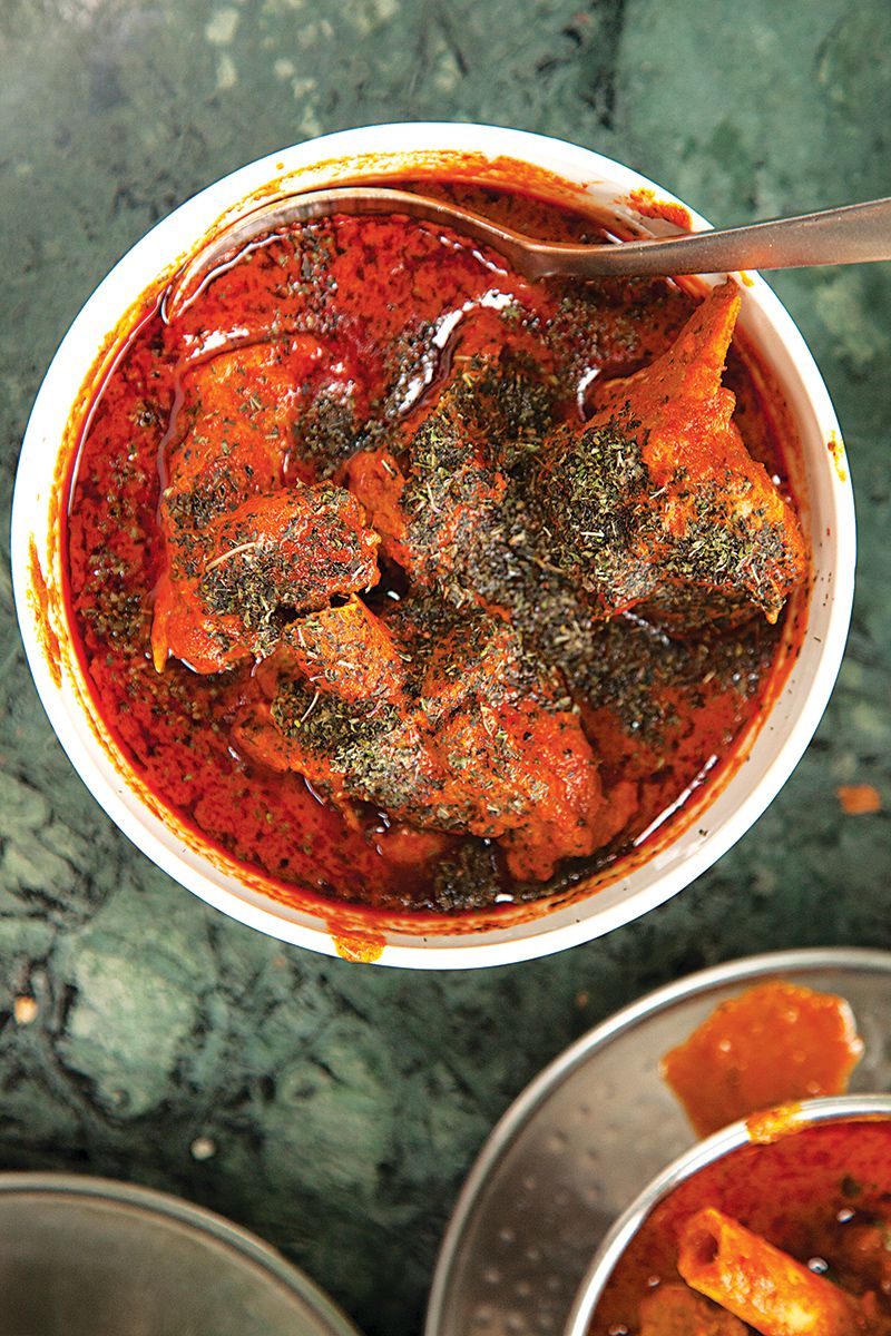 Tender lamb simmers in a fiery sauce in this recipe from Ahdoo's Hotel in Srinagar, Kashmir. Get the recipe for <a href="https://www.saveur.com/article/recipes/mirchi-qorma-kashmiri-lamb-in-chile-sauce/">Mirchi Qorma (Kashmiri Lamb in Chile Sauce)</a>