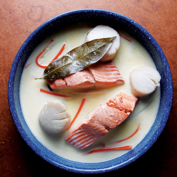 The aroma of a California bay leaf lends subtle sharpness to this essential French dish. Get the recipe for <a href="https://www.saveur.com/article/Recipes/Salmon-Scallops-Nage/">Salmon and Scallops à la Nage</a>