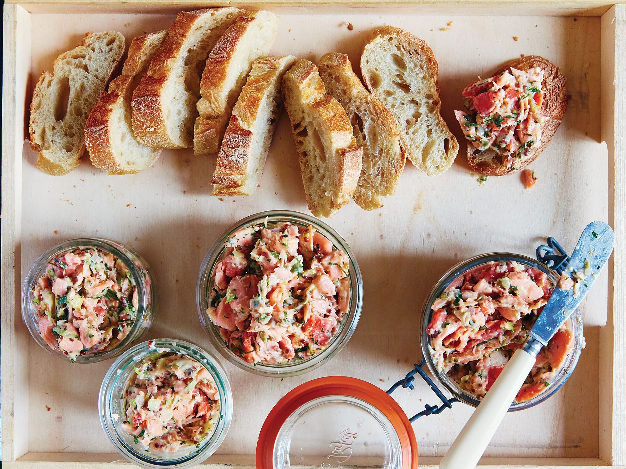 Made with both smoked and cooked fish for textural contrast, salmon rillettes are an entertaining staple. Pack into jars the night before entertaining—the flavors improve with time. Get the recipe for <a href="http://www.saveur.com/salmon-rillettes-recipe">Salmon Rillettes</a>