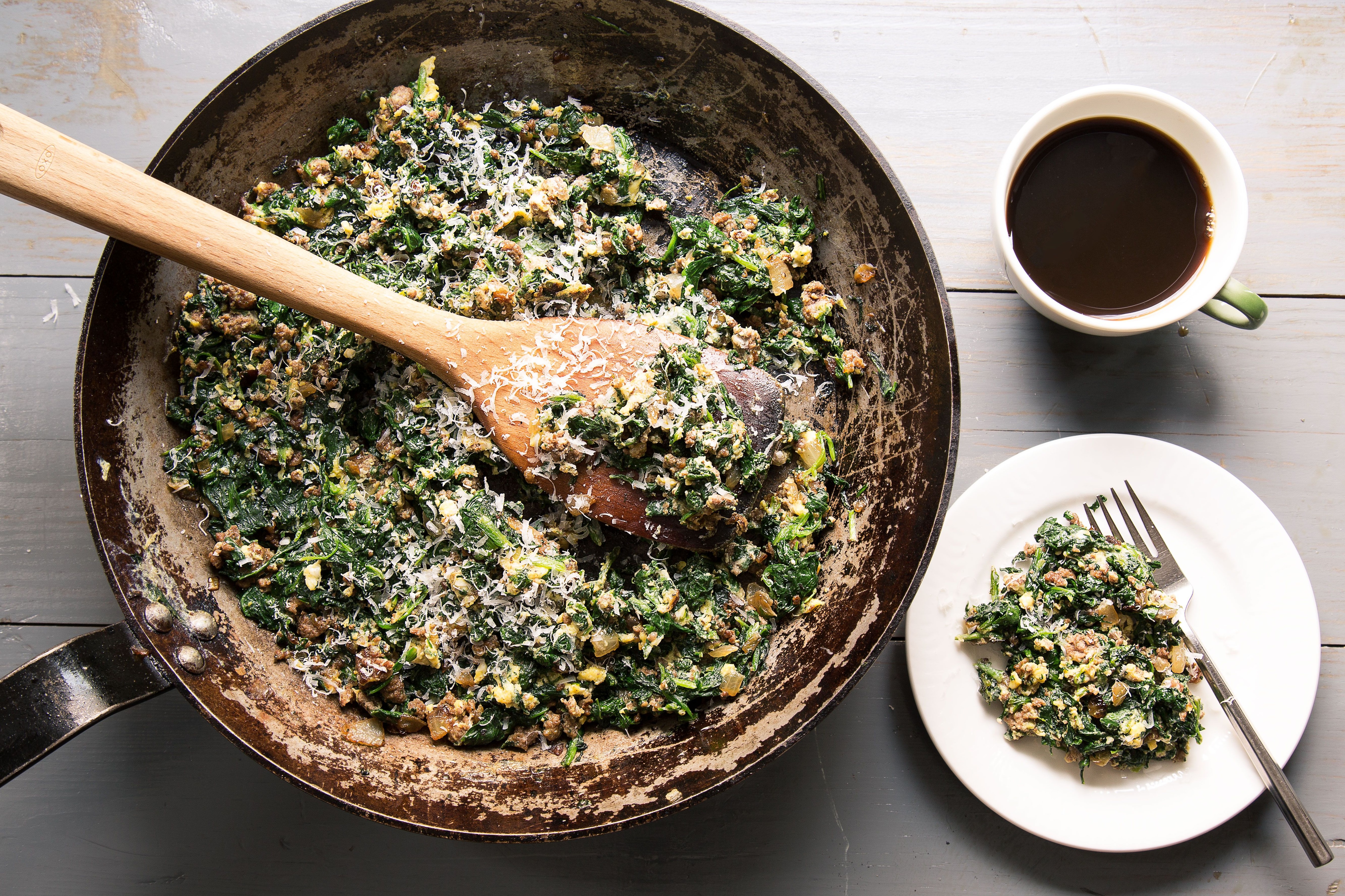 This easy one-pan breakfast is just the thing for a fulfilling breakfast that comes together in the blink of an eye. Get the recipe for <a href="http://www.saveur.com/article/Recipes/Spinach-Beef-and-Egg-Hash">Spinach, Beef, and Egg Hash</a>