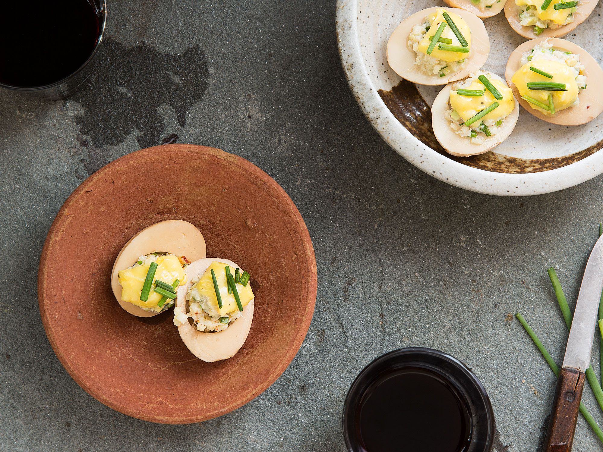 Chef Yves Camdeborde assembles these haute deviled eggs—the whites marinated in soy sauce and pomegranate vinegar—à la minute at his stand-up bar L'Avant Comptoir de la Mer in Paris, but you can make the filling up to a day in advance and keep it refrigerated. Be sure to drain the whites immediately after 15 minutes of marinating so they don't toughen. Get the recipe for <a href="http://www.saveur.com/deviled-eggs-crab-recipe">Deviled Eggs With Crab</a>