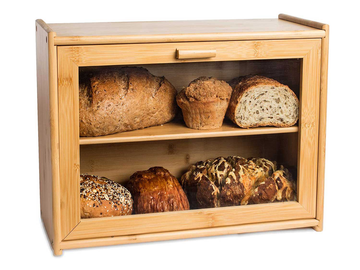 A clear window makes this bamboo bread box unique.