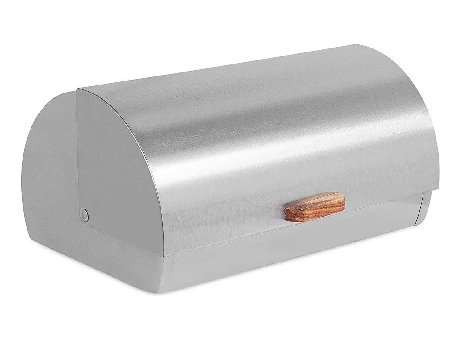 This sleek, metal bread box belongs in mod kitchens with major style.