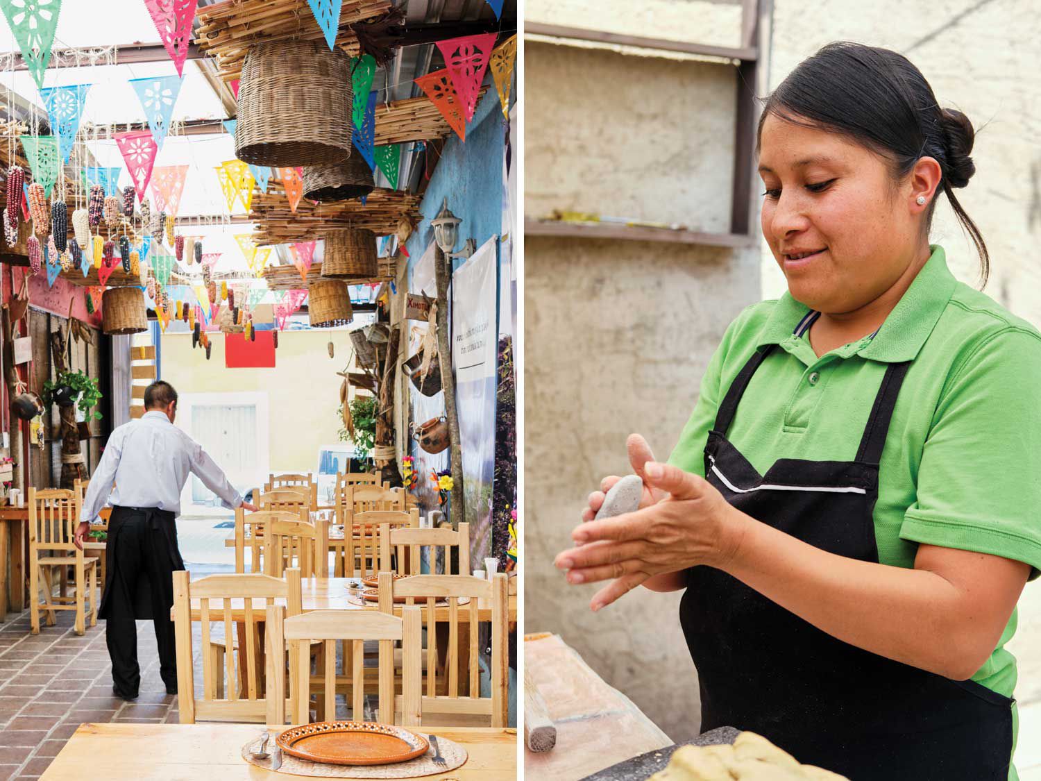 From Left to Right: Waiter Benjamin Telléz sets up for service at Milli; Gabriella Hernández makes fresh tortillas.