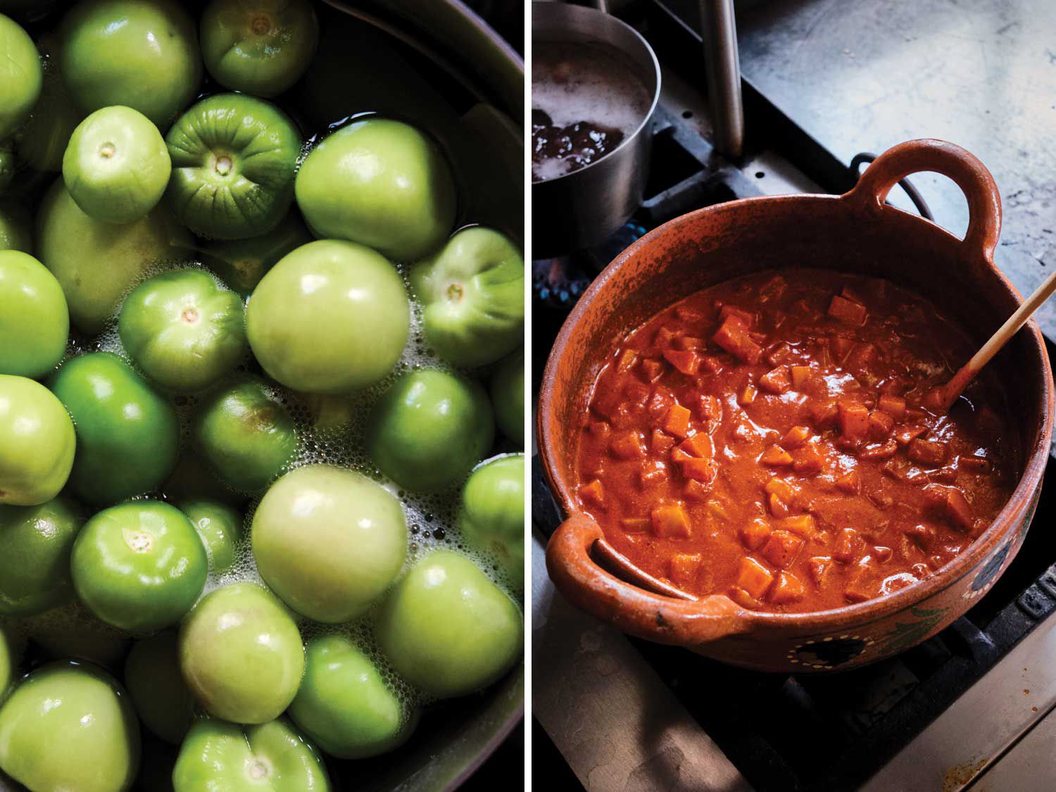 From Left to Right: Tomatillos destined for green salsa; a ceramic pot of mole.