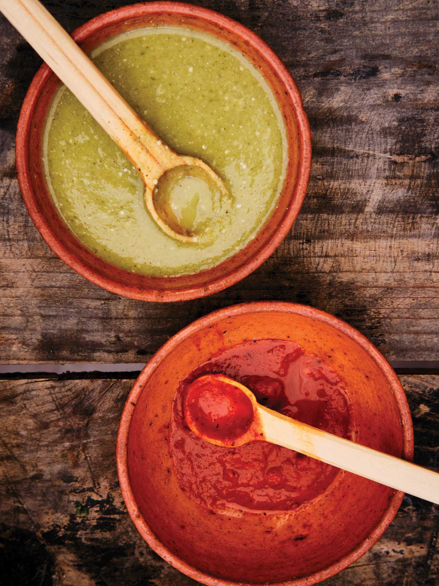 Get the recipes for <a href="https://www.saveur.com/story/recipes/tomatillo-and-serrano-chile-salsa/">Tomatillo and Serrano Chile Salsa</a>, and <a href="https://www.saveur.com/story/recipes/tomato-guajilo-and-ancho-chile-salsa/">Tomato, Guajilo, and Ancho Chile Salsa</a>
