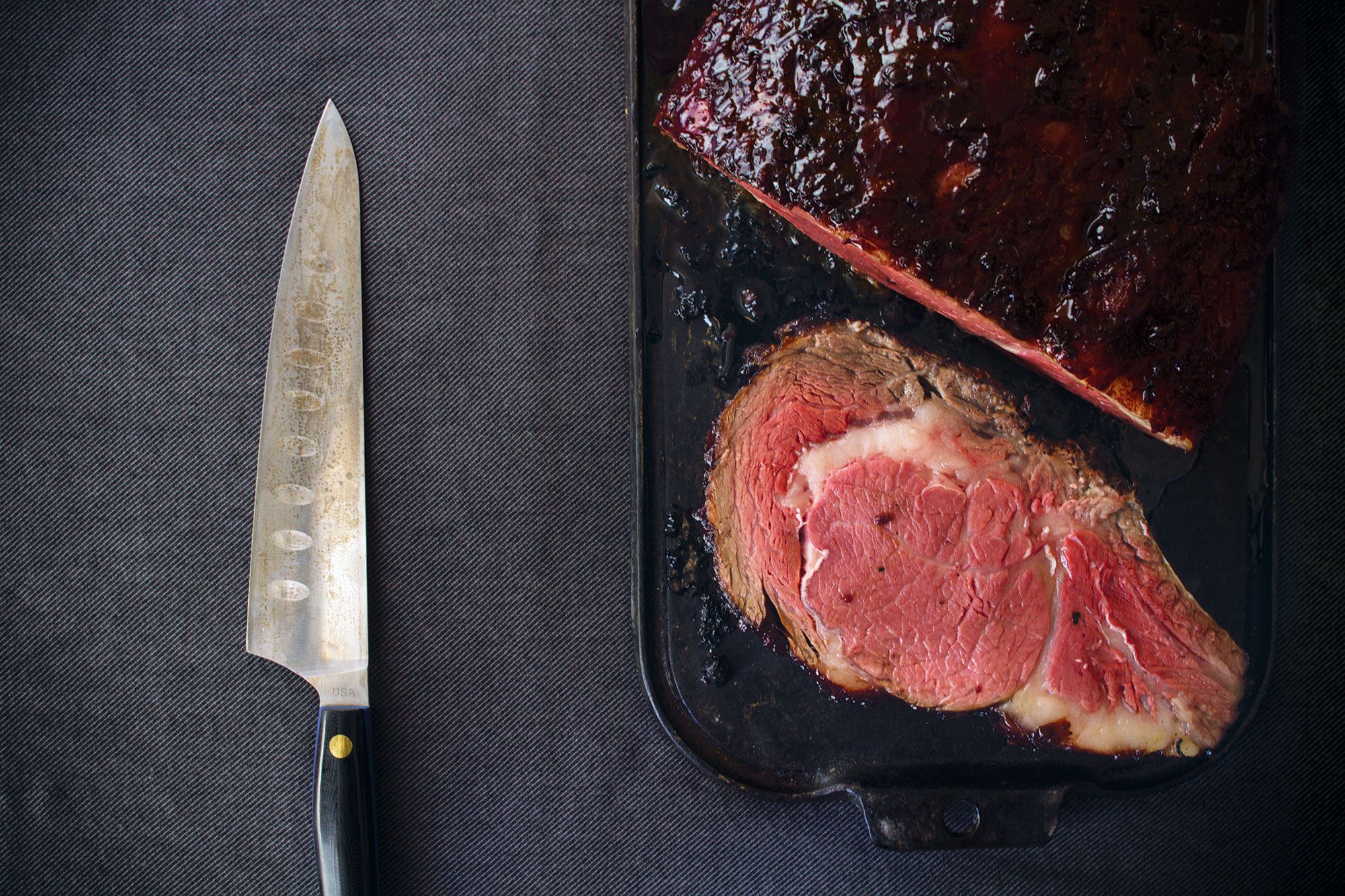 A giant slab of perfectly roasted beef looks incredibly appetizing on its own, so don't worry about cleaning and exposing (known as frenching) the bones. The fat that remains will help keep the meat moist. Get the recipe for <a href="http://www.saveur.com/article/recipes/standing-rib-roast-with-black-currant-port-glaze">Standing Rib Roast with Black Currant Port Glaze</a>
