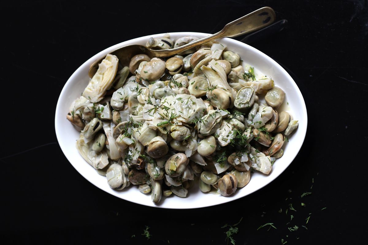 Tender artichoke hearts and fava beans pair beautifully in this simple Greek side dish. Get the recipe for <a href="http://www.saveur.com/article/Recipes/Aginares-Me-Koukia-Artichokes-and-Fava-Beans">Artichokes and Fava Beans (Aginares Me Koukia)</a>