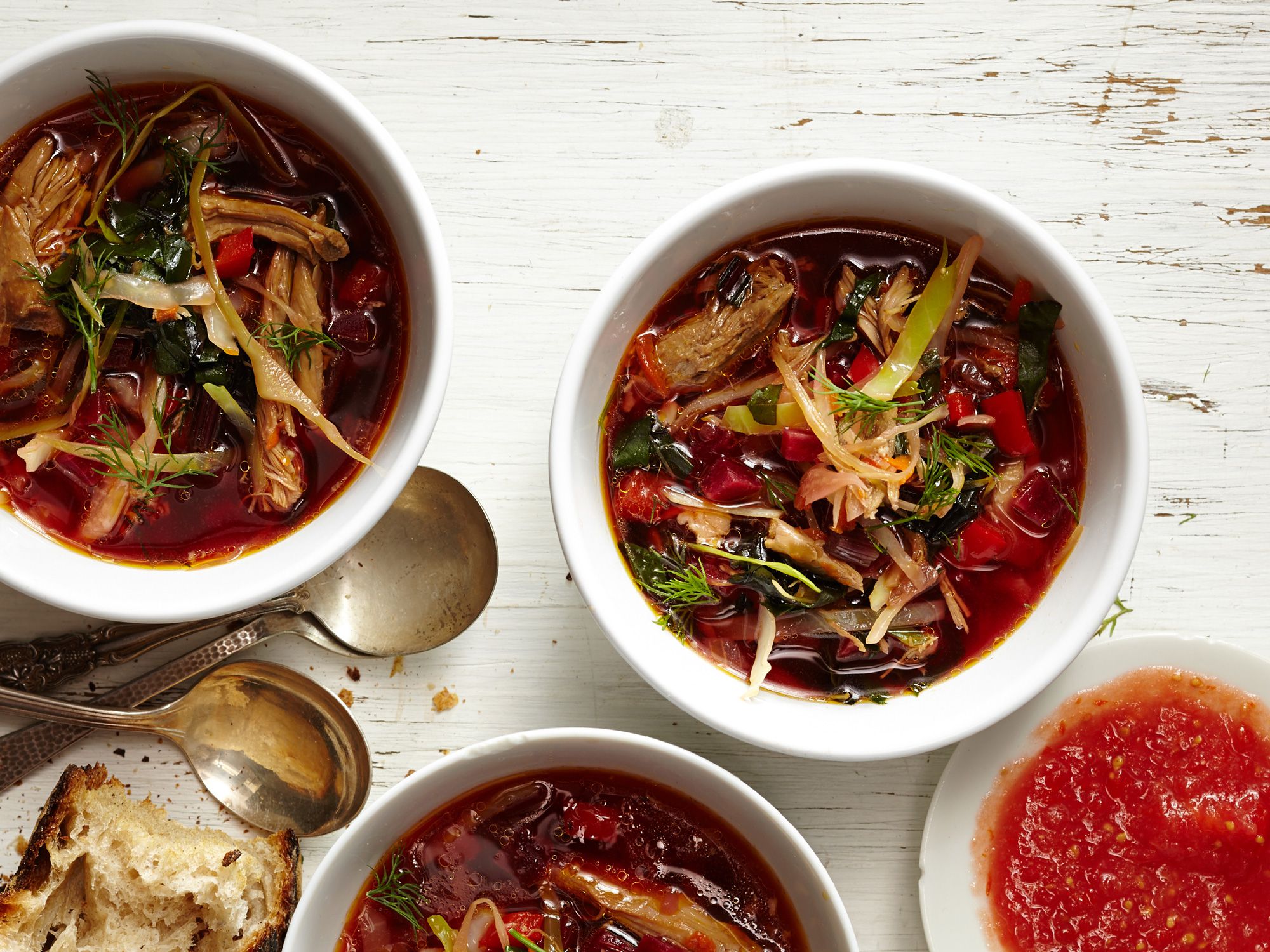 This soup combines a whole duck, beet greens, and cabbage in a fizzy fermented tomato sauce—a wonderful alternative when fresh tomatoes aren't in season. Get the recipe for <a href="http://www.saveur.com/duck-borscht-with-fermented-tomato-sauce-recipe">Duck Borscht with Fermented Tomato Sauce</a>