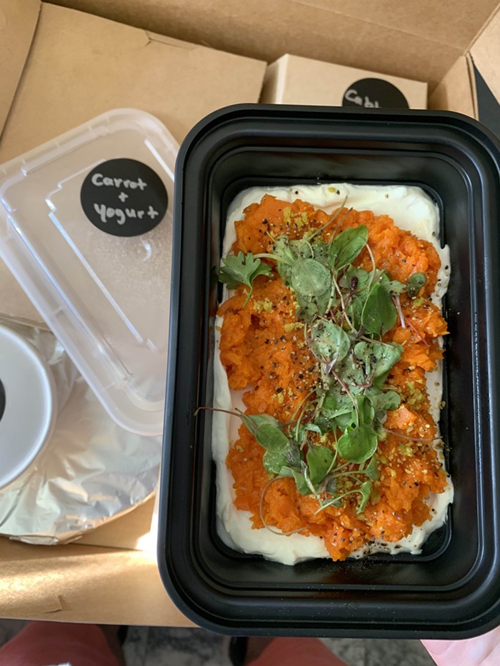 The crushed-carrot-and-Greek-yogurt dip. That item wrapped in tin foil is the pita.