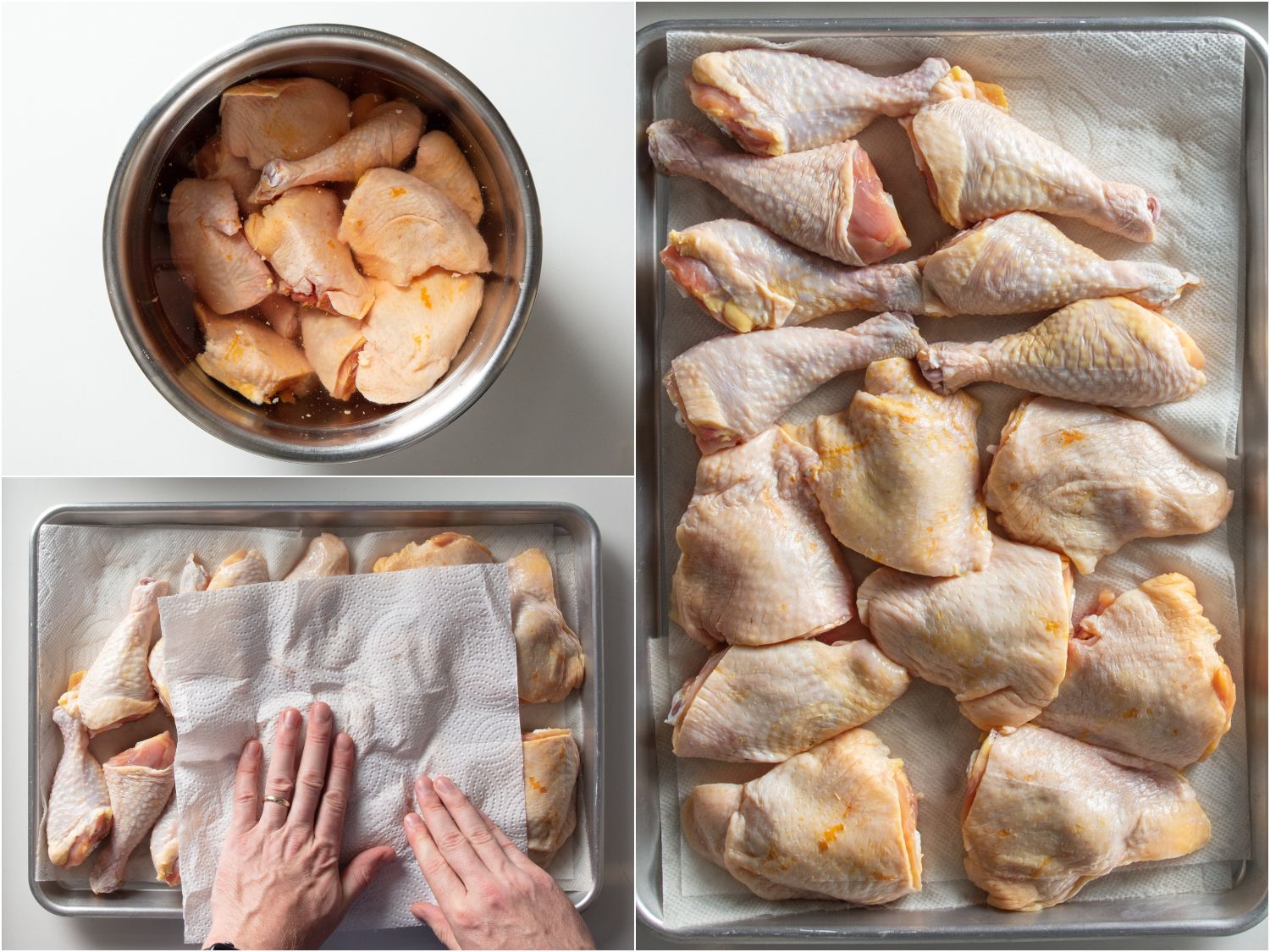 Collage of chicken pieces being brined then removed from brine and dried on paper towels