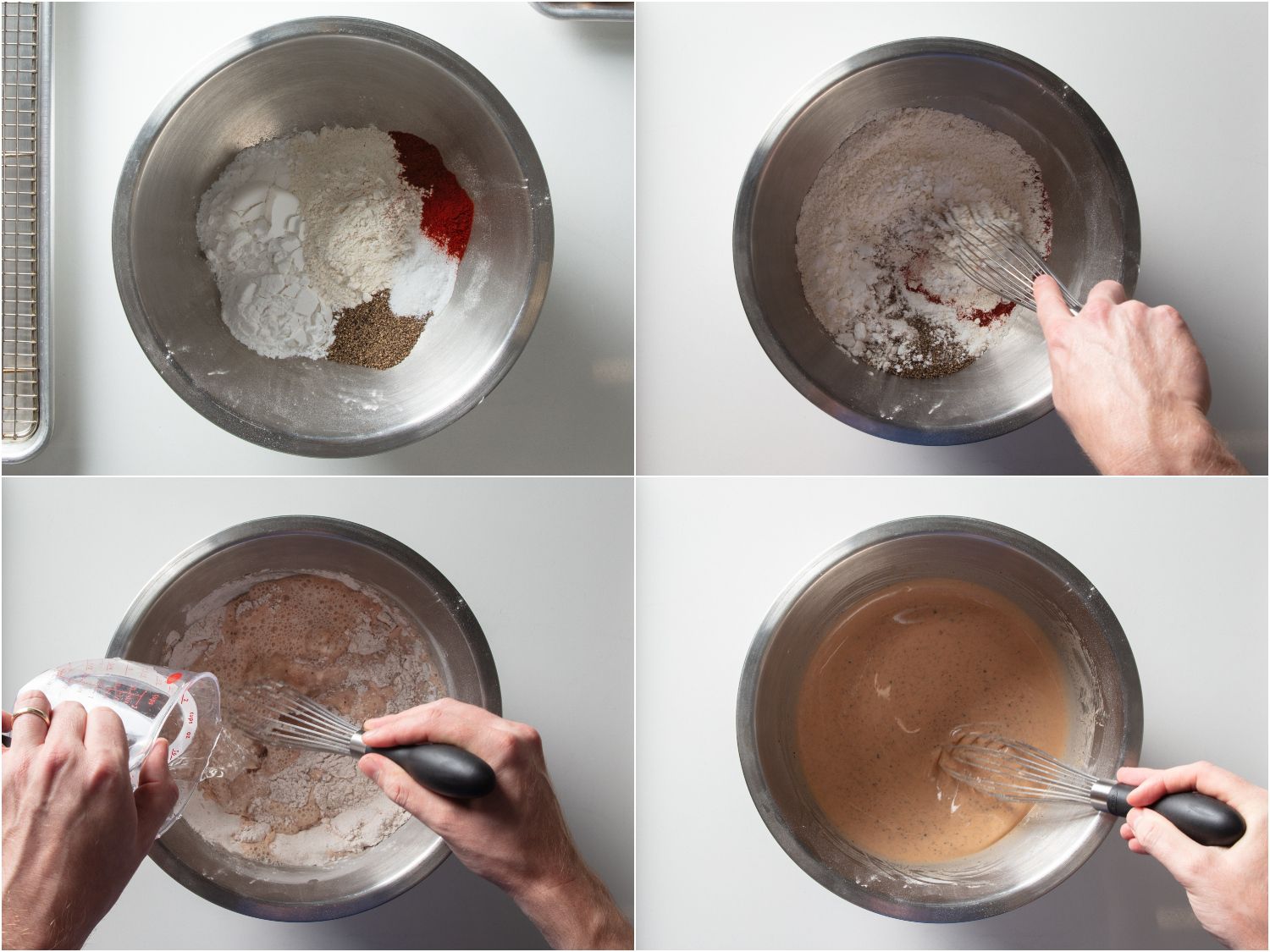 Collage of photos of making batter with potato starch for fried chicken