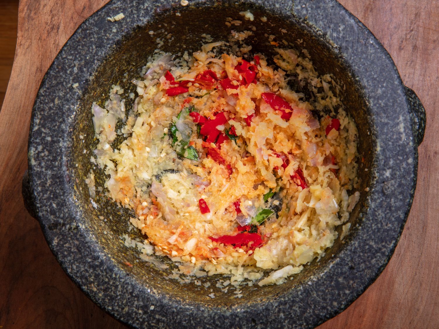 pounded paste for Gaeng Om Gai (Isan-Style Herbal Curry with Chicken and Dill)