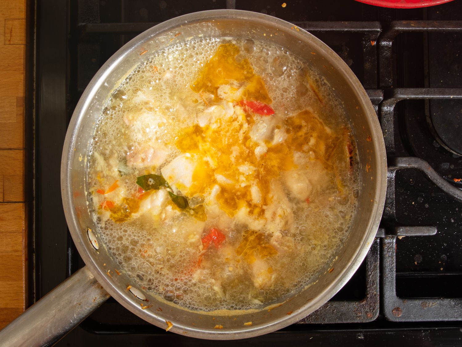 chicken stock added and brought to a simmer