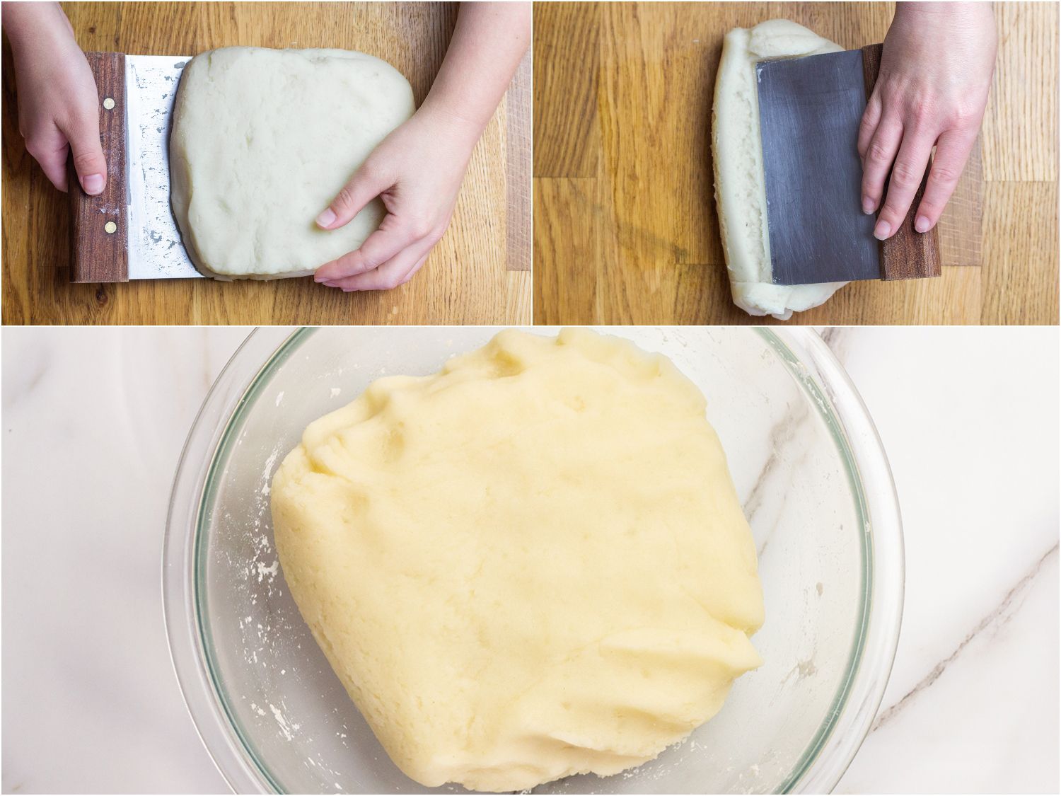 Collage of photos showing kneading of potato and potato starch dough