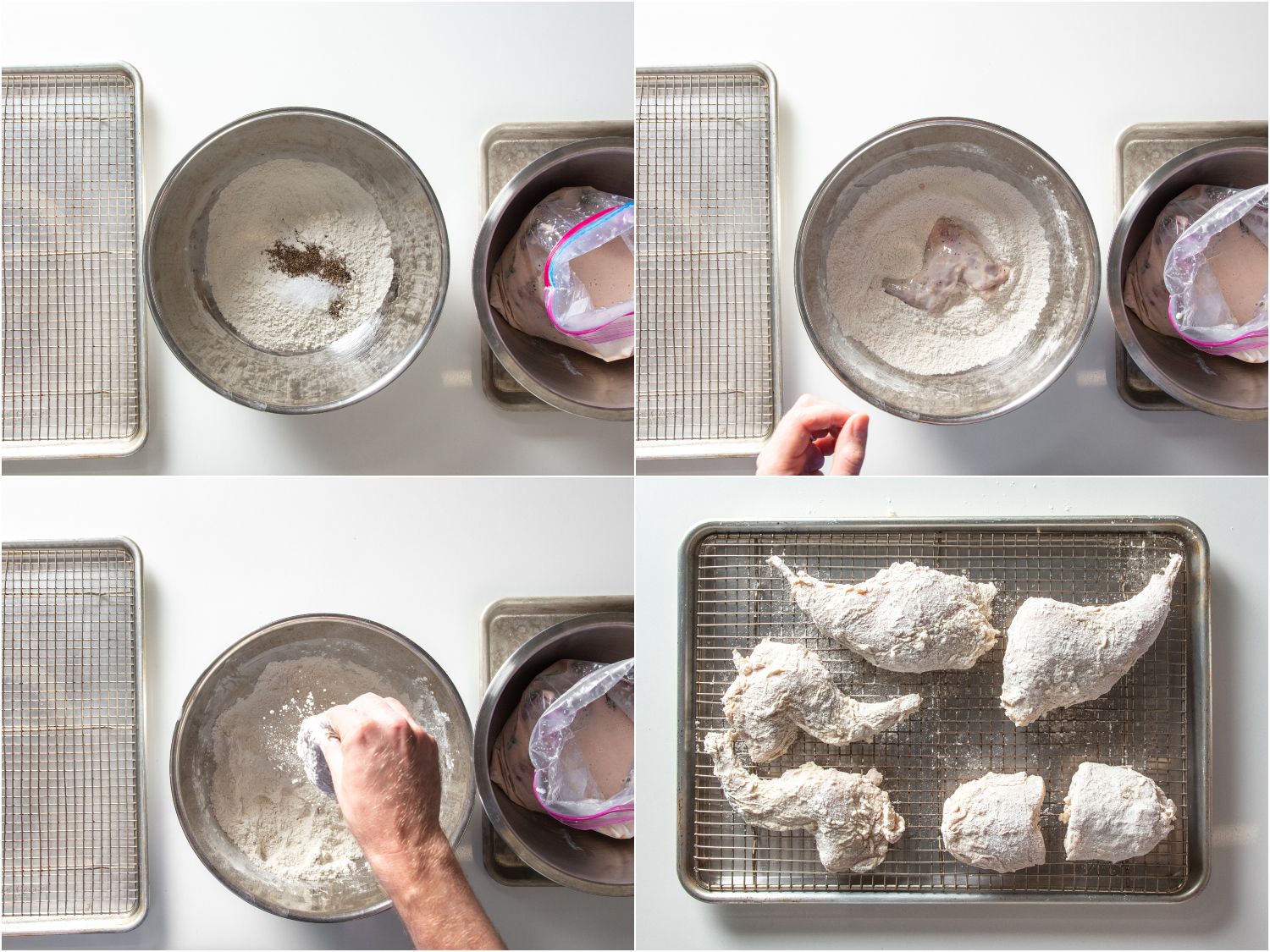 Collage of photos of process of dredging buttermilk brined rabbit pieces in seasoned flour and placing them on wire rack set in baking sheet