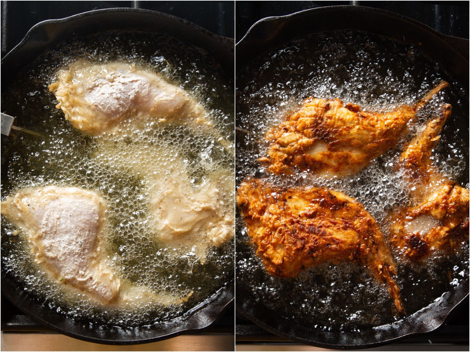 Collage of two photos of brined and dredged rabbit pieces being fried in a cast iron skillet