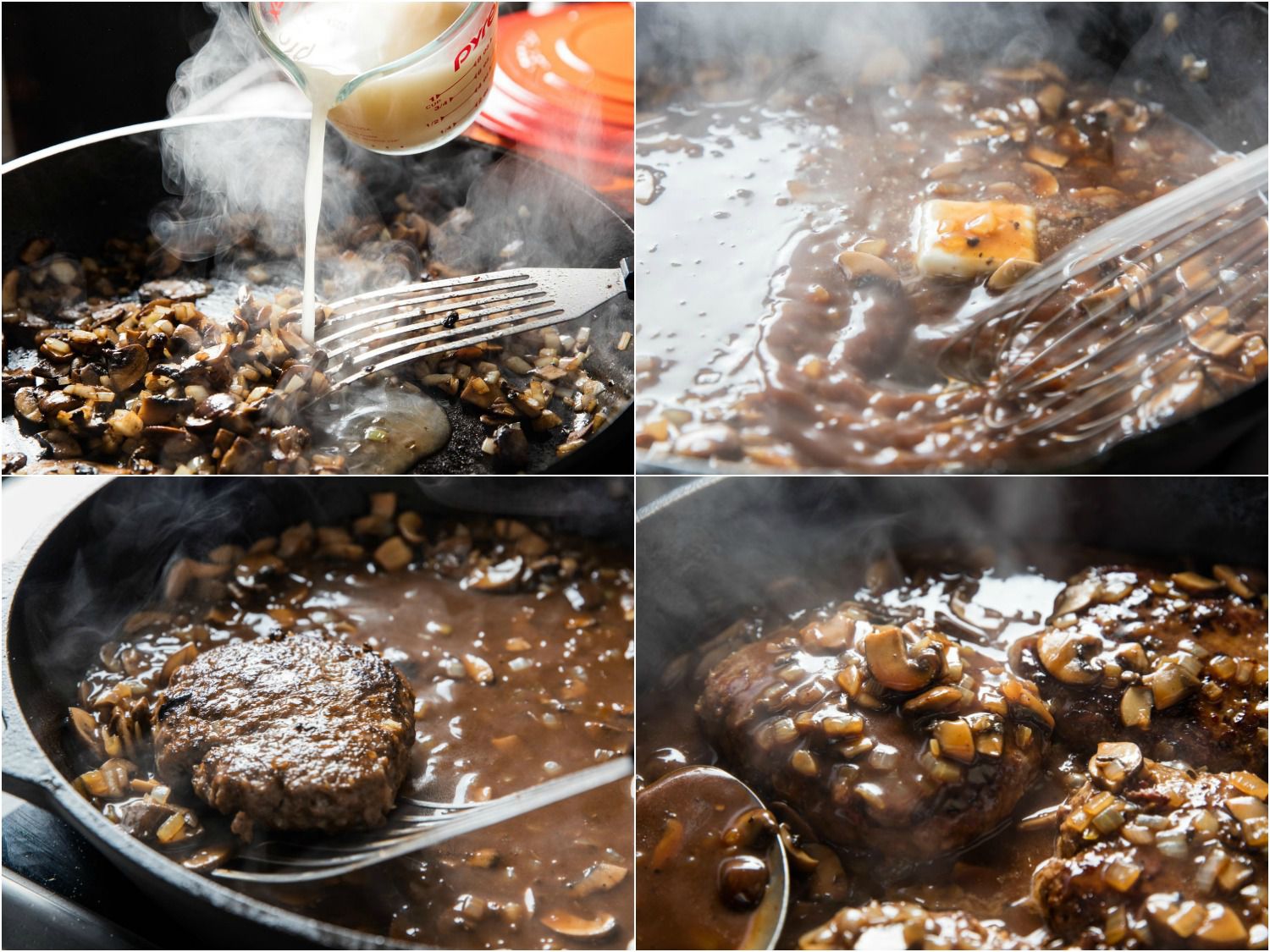 collage depicting building pan sauce for salisbury steak, with additions of corn starch and stock, butter, and cooked steaks