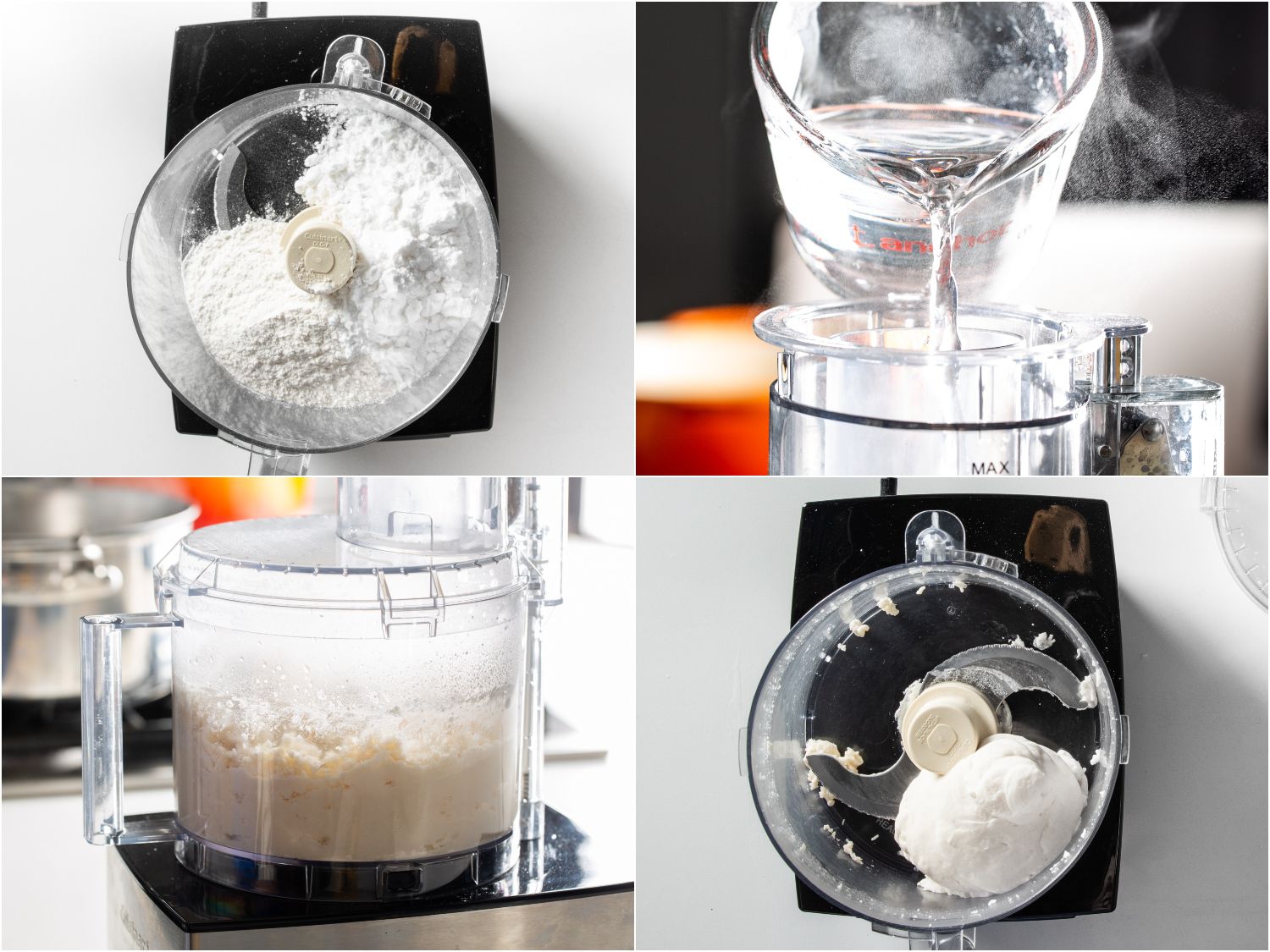 Collage of potato starch-wheat flour dough being made in food processor