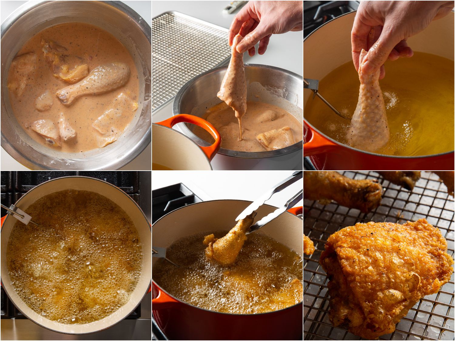 Six photo collage of process for frying batter-fried chicken