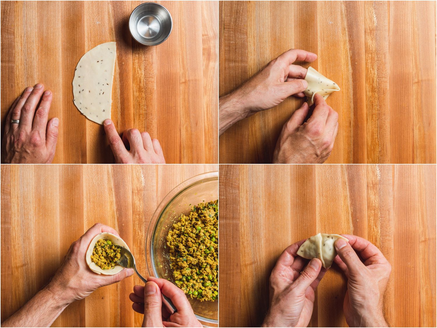 Collage of photos showing stuffing process for kheema samosa