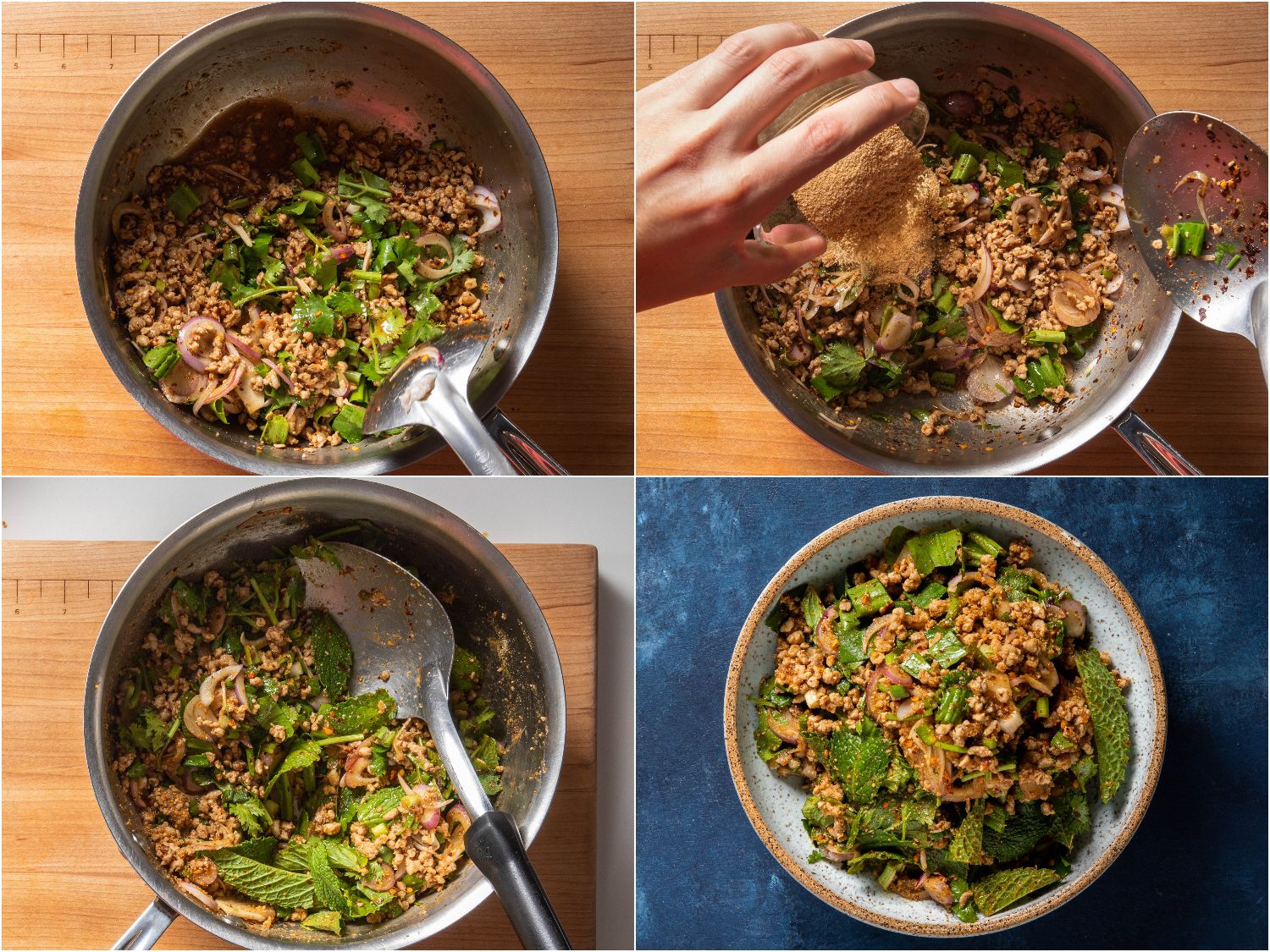 Stirring herbs and khao khua into pork laab.
